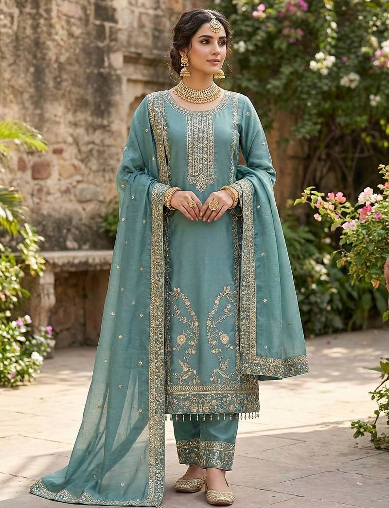Blue color designer pure gmy silk sequins embroidered work readymade suit