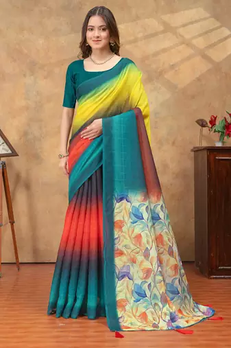 Multicolor printed art silk designer pallu saree