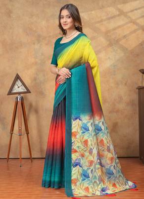 Multicolor printed art silk designer pallu saree 2