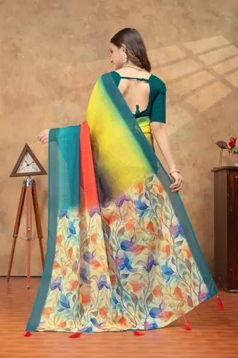 Multicolor printed art silk designer pallu saree