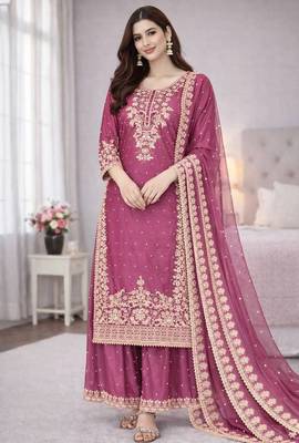 Pink color designer pure gmy silk sequins embroidered work readymade suit 2