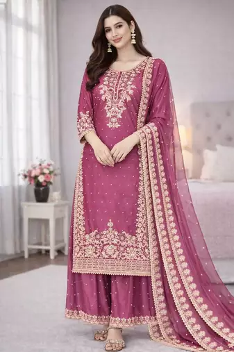 Pink color designer pure gmy silk sequins embroidered work readymade suit