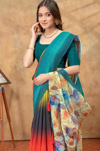 Multicolor printed art silk designer pallu saree