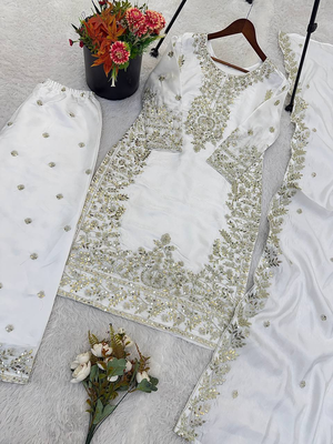 White color designer pure gmy silk sequins embroidered work readymade suit 3