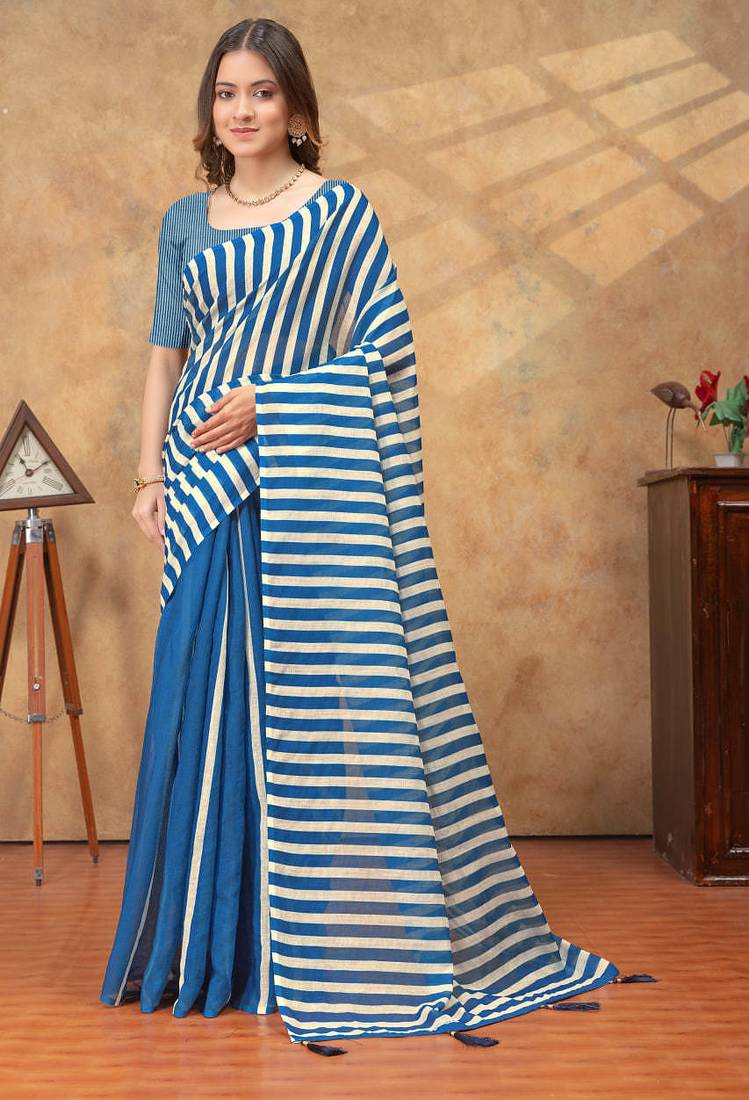 Blue printed art silk designer pallu saree