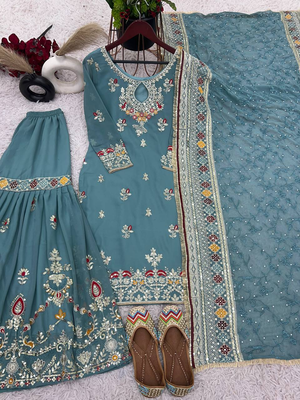 Blue color designer heavy faux georgette sequins embroidered work readymade suit 4