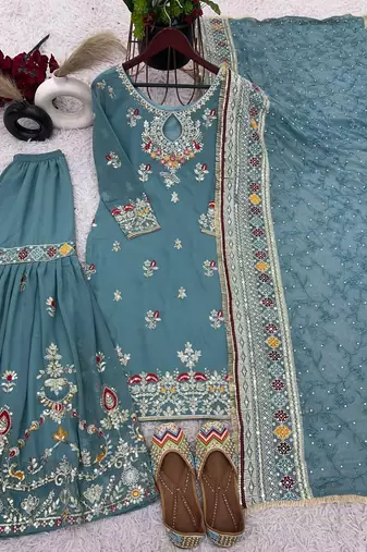 Blue color designer heavy faux georgette sequins embroidered work readymade suit