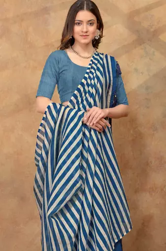 Blue printed art silk designer pallu saree