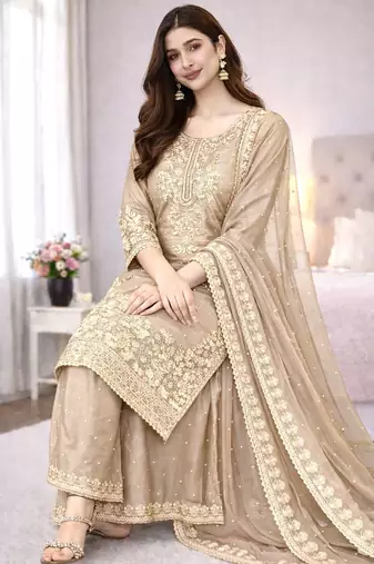 Beige color designer pure gmy silk sequins embroidered work readymade suit