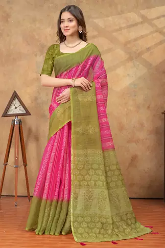 Pink printed art silk designer pallu saree