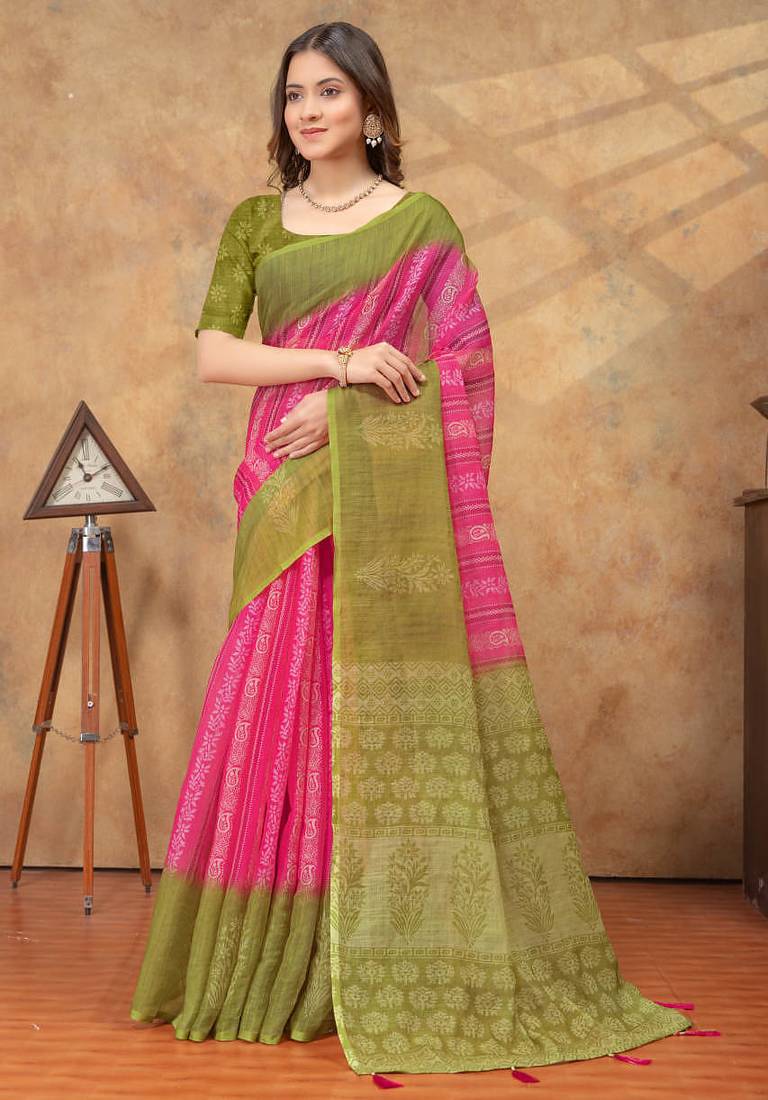 Pink printed art silk designer pallu saree