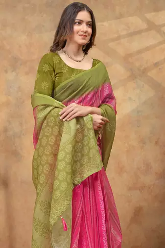 Pink printed art silk designer pallu saree
