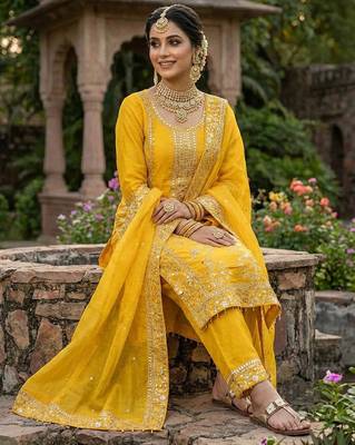 Yellow color designer pure gmy silk sequins embroidered work readymade suit 2