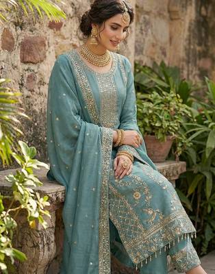 Blue color designer pure gmy silk sequins embroidered work readymade suit 2