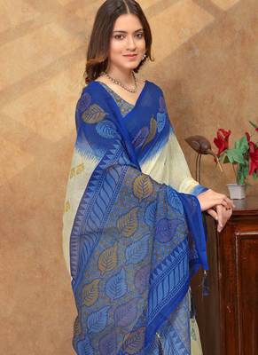 Yellow printed art silk designer pallu saree 4