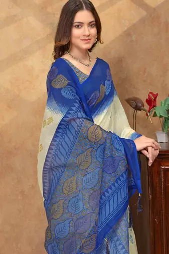 Yellow printed art silk designer pallu saree