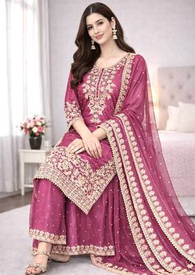 Pink color designer pure gmy silk sequins embroidered work readymade suit 3