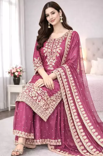 Pink color designer pure gmy silk sequins embroidered work readymade suit