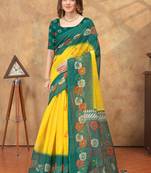Yellow printed art silk designer pallu saree
