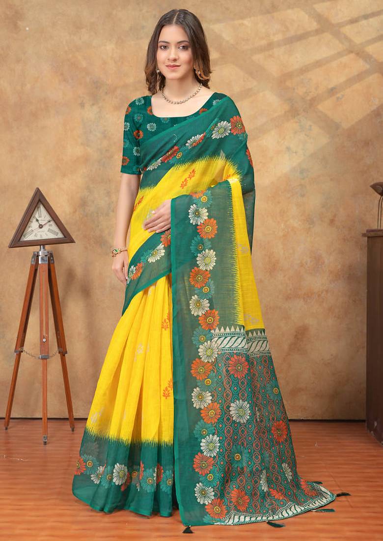 Yellow printed art silk designer pallu saree