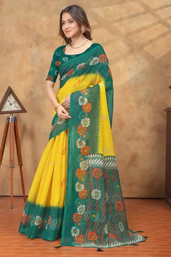 Yellow printed art silk designer pallu saree