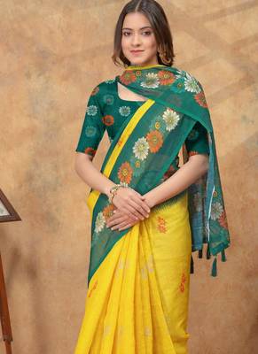 Yellow printed art silk designer pallu saree 4