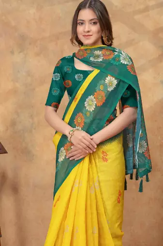 Yellow printed art silk designer pallu saree