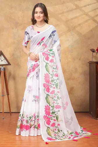 White printed art silk designer pallu saree