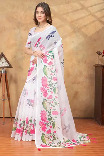 White printed art silk designer pallu saree