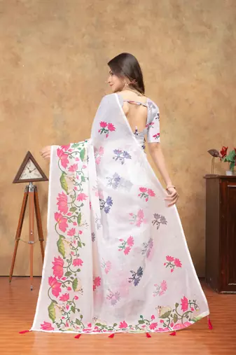 White printed art silk designer pallu saree