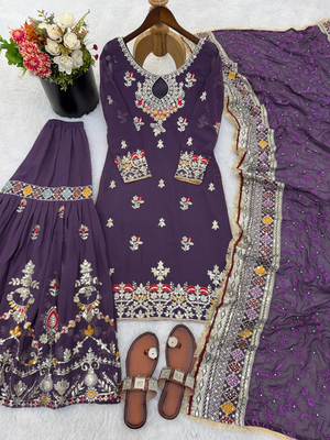 Purple color designer heavy faux georgette sequins embroidered work readymade suit 3