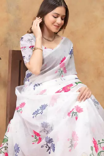 White printed art silk designer pallu saree