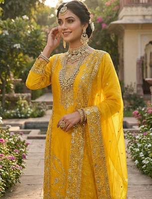 Yellow color designer pure gmy silk sequins embroidered work readymade suit 3