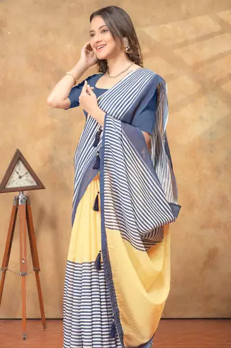 Cream printed art silk designer pallu saree