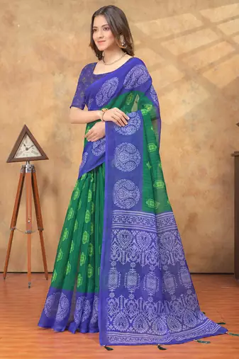 Green printed art silk designer pallu saree