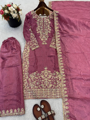 Pink color designer pure gmy silk sequins embroidered work readymade suit 4