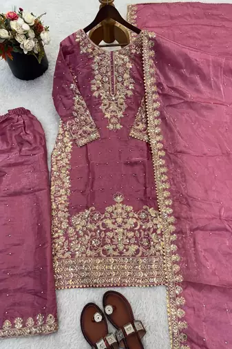 Pink color designer pure gmy silk sequins embroidered work readymade suit
