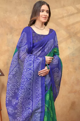 Green printed art silk designer pallu saree