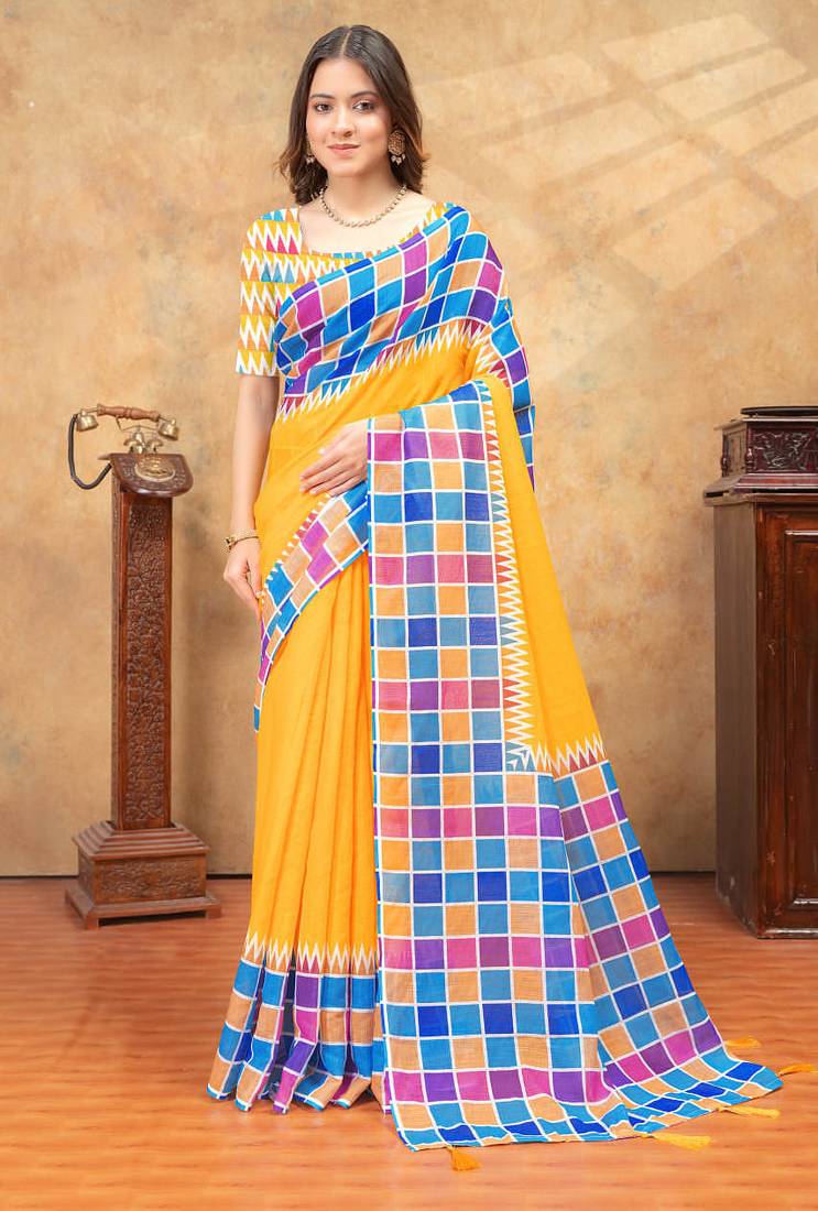 Yellow printed art silk designer pallu saree