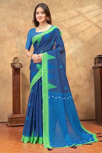 Teal printed art silk designer pallu saree