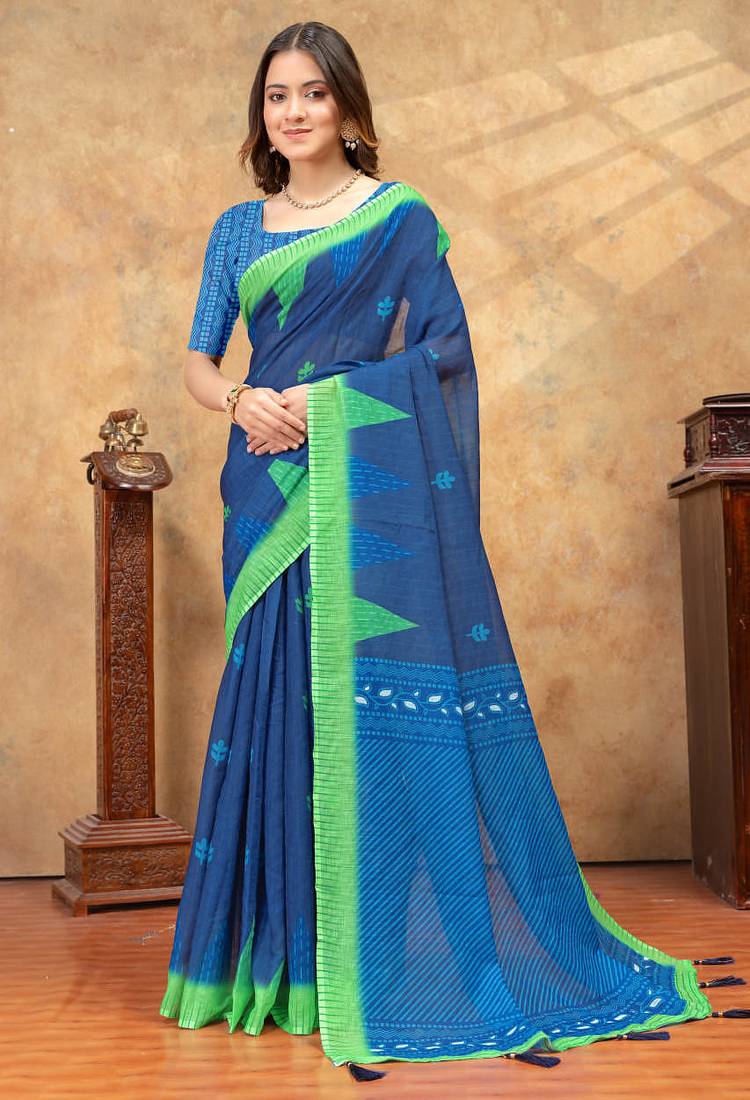 Teal printed art silk designer pallu saree