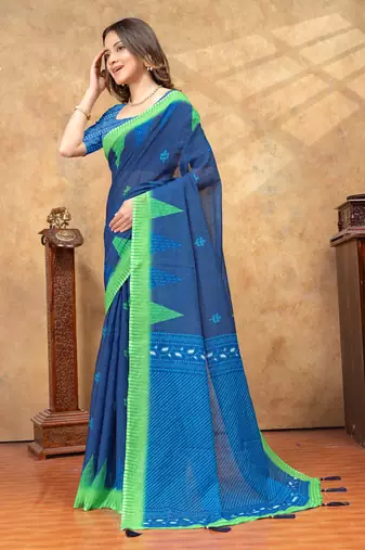 Teal printed art silk designer pallu saree