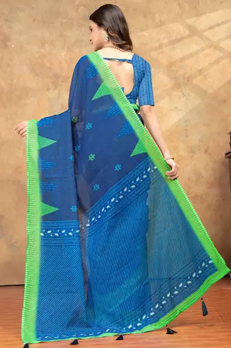 Teal printed art silk designer pallu saree