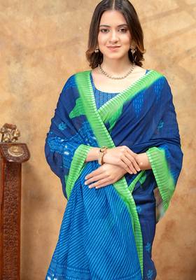 Teal printed art silk designer pallu saree 4