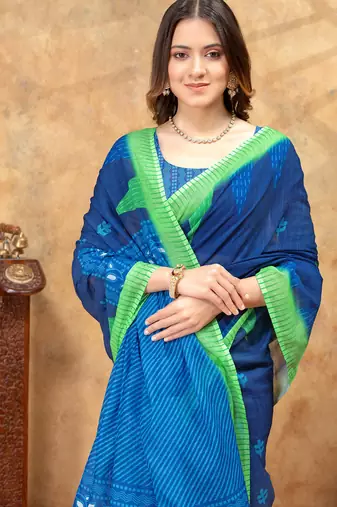 Teal printed art silk designer pallu saree