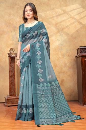 Light green printed art silk designer pallu saree