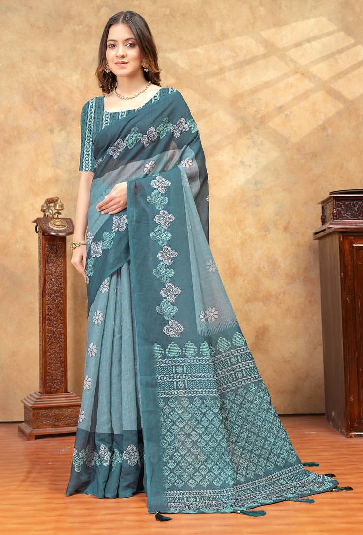 Light green printed art silk designer pallu saree