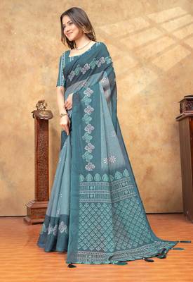Light green printed art silk designer pallu saree 2