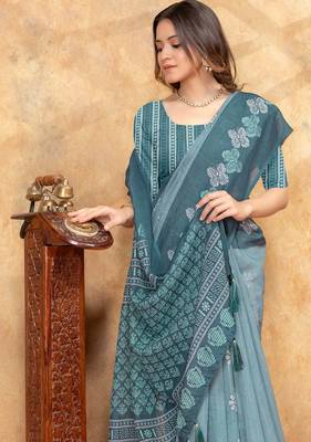 Light green printed art silk designer pallu saree 4