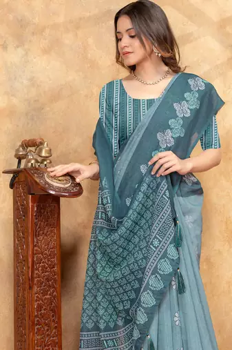 Light green printed art silk designer pallu saree